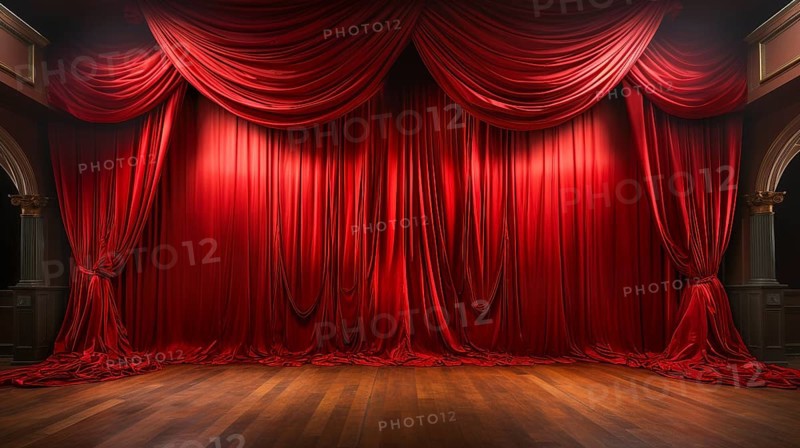 Dramatically lit lustrous red velvet theatre curtains and wooden stage floor. generative AI
