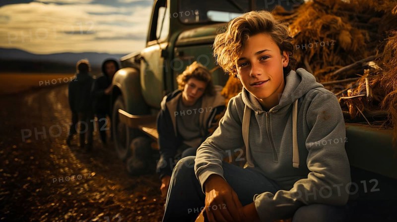 Young boys enjoying a fall gathering on the country farm with friends