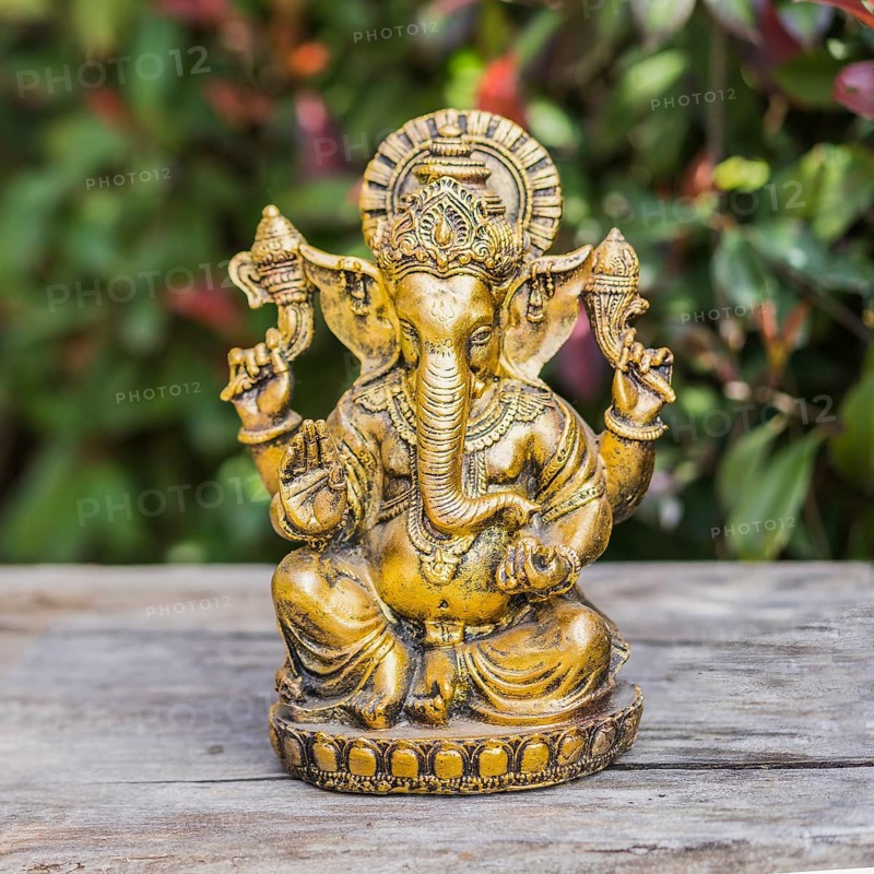 Ganesha statue sitting in meditating yoga pose on a trunk