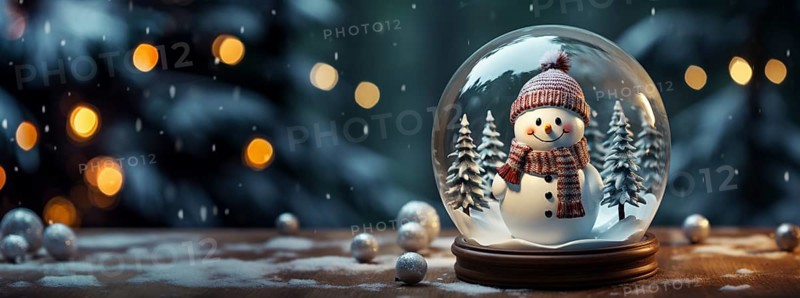 Christmas snow globe with snowman on a wood surface banner. generative AI