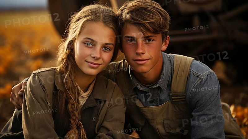 Cute teenaged couple enjoying a fall gathering on the country farm with friends