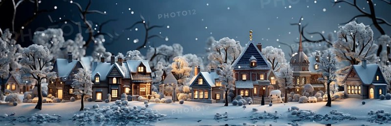 Miniature holiday christmas decorated town and snowy village scene banner. generative AI
