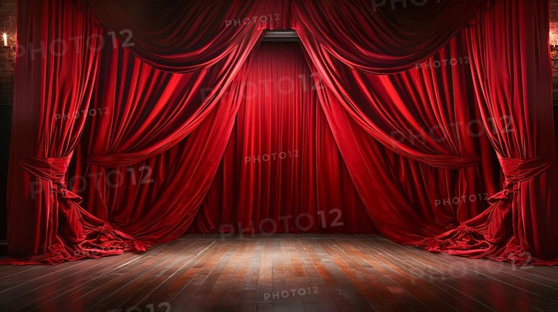 Dramatically lit lustrous red velvet theatre curtains and wooden stage floor. generative AI