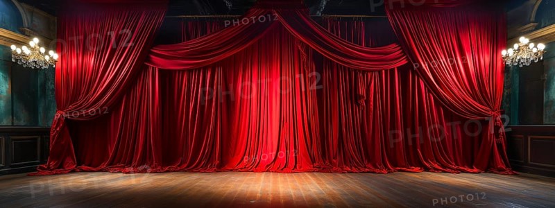 Dramatically lit lustrous red velvet theatre curtains and wooden stage floor. generative AI