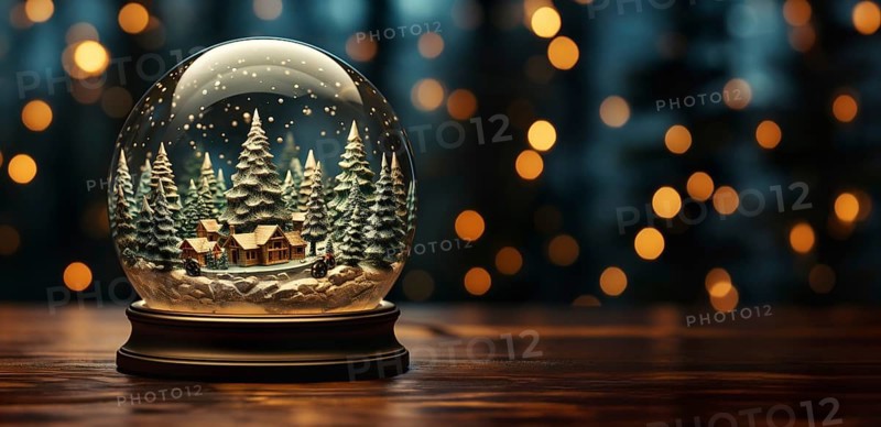 Christmas snow globe with pine trees and cabin on a wood surface banner. generative AI