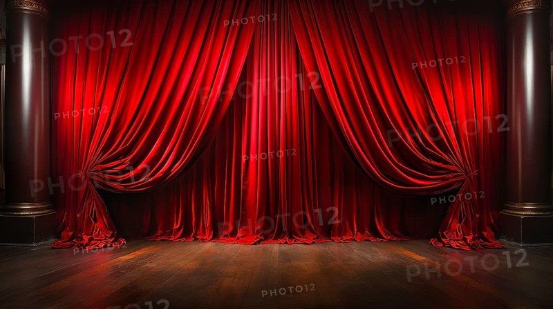 Dramatically lit lustrous red velvet theatre curtains and wooden stage floor. generative AI