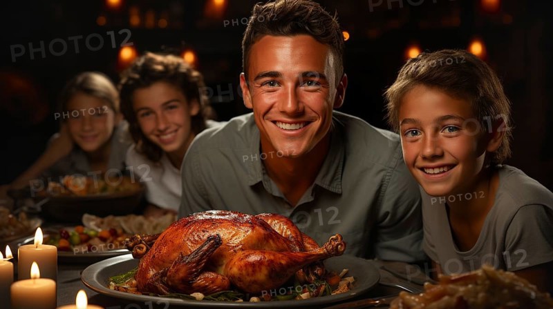 Vintage thanksgiving family portriat at the seasonal dinner table