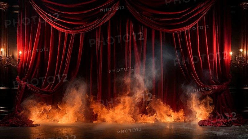 Theatre stage with red velvet curtains on fire. generative AI