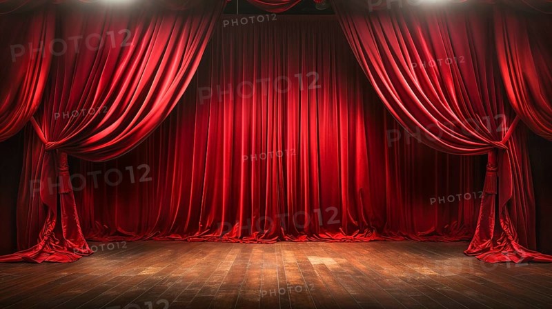 Dramatically lit lustrous red velvet theatre curtains and wooden stage floor. generative AI