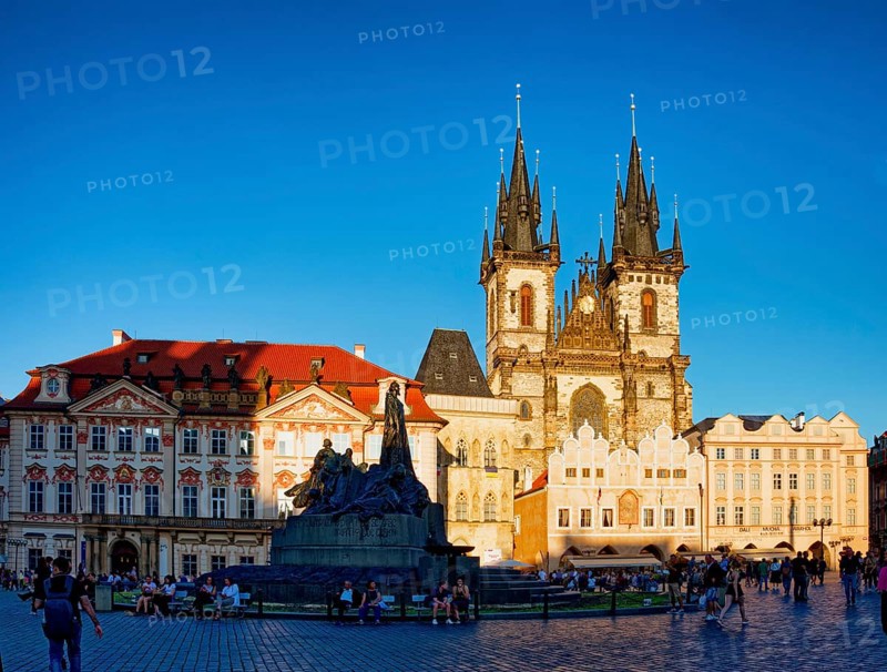 Jan Hus Monument and Teyn Church on Old Town Square