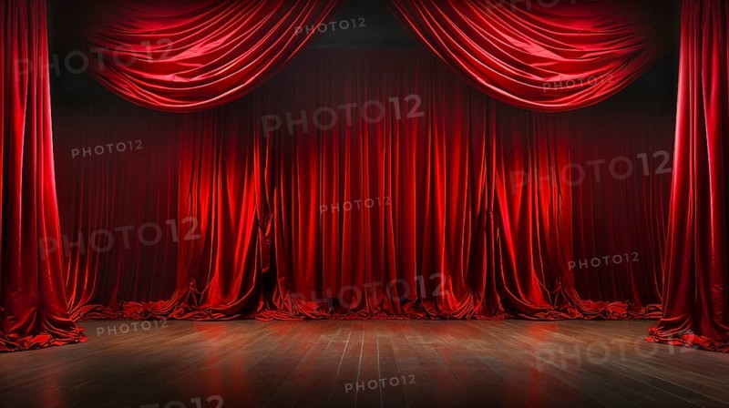 Dramatically lit lustrous red velvet theatre curtains and wooden stage floor. generative AI