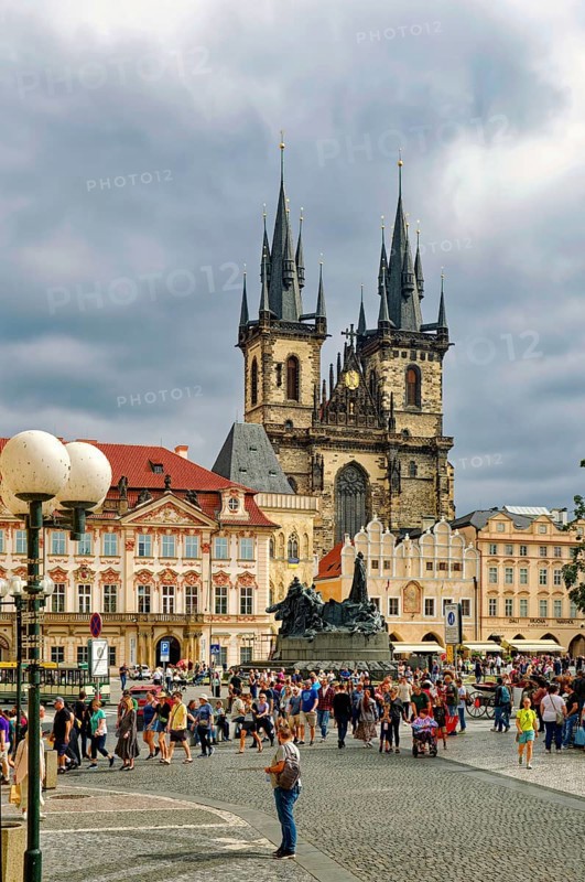 Jan Hus Monument and Teyn Church on Old Town Square