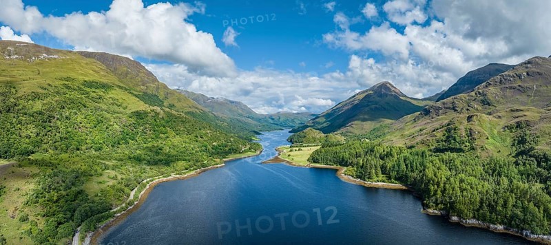 Aerial panorama of the eastern part of the freshwater loch Loch Leven