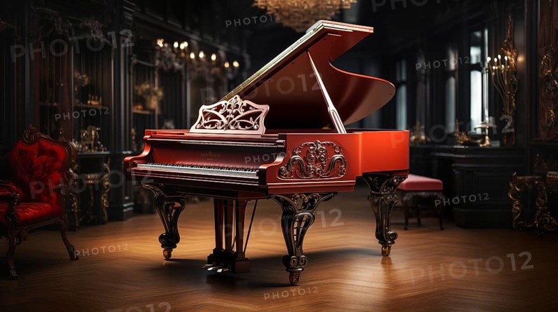 Classic ornate grand piano in A christmas decorated music room. generative AI