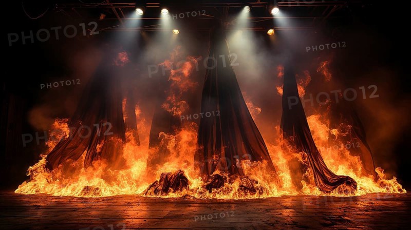 Theatre stage with red velvet curtains on fire. generative AI