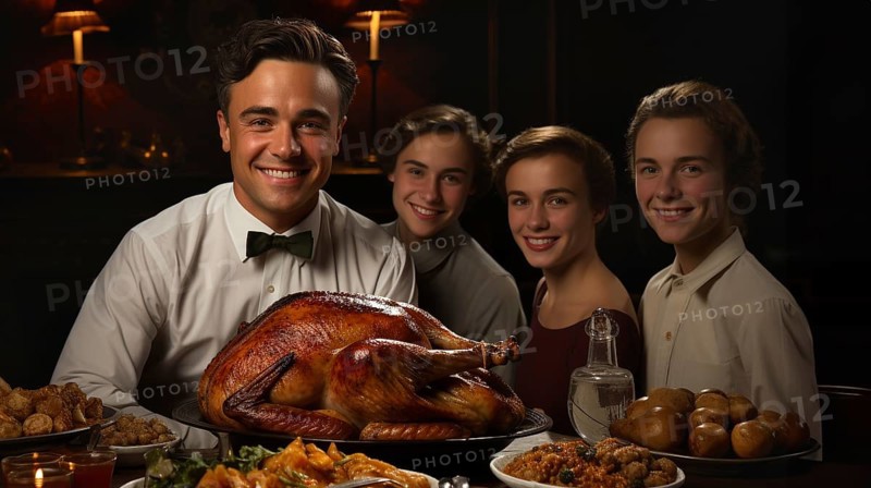 Vintage thanksgiving family portriat at the seasonal dinner table