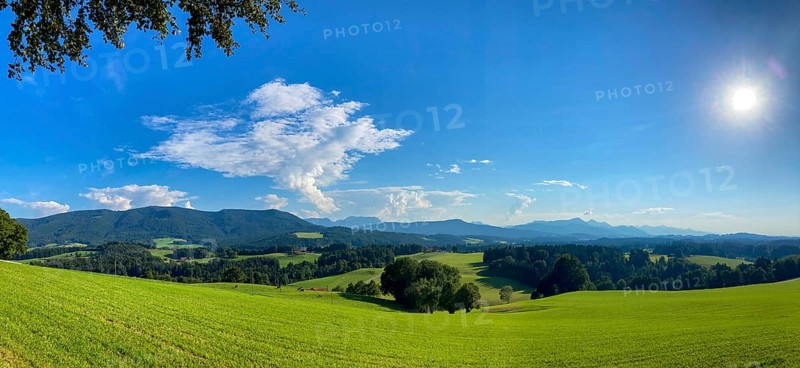 Panorama of the Alpine foothills in Chiemgau with Teisenberg