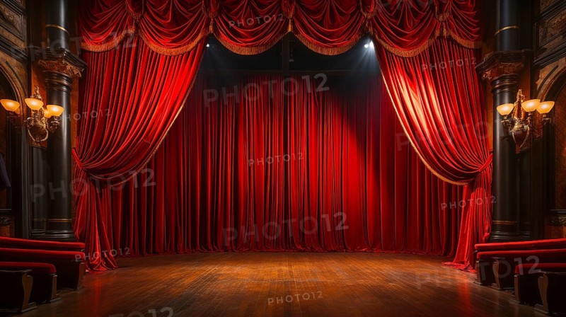 Dramatically lit lustrous red velvet theatre curtains and wooden stage floor. generative AI