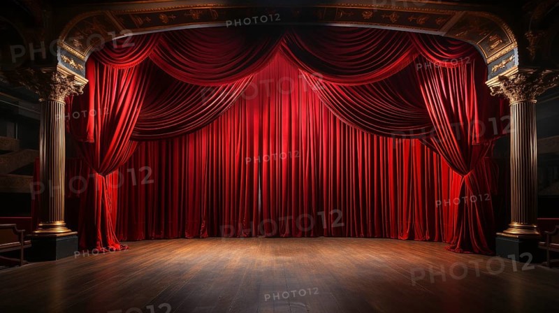 Dramatically lit lustrous red velvet theatre curtains and wooden stage floor. generative AI