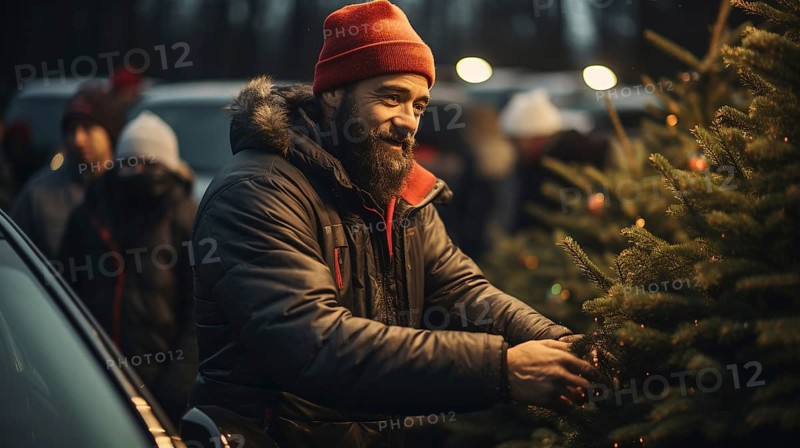 Young man working at the christmas tree farm during the holiday season. generative AI
