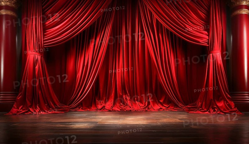 Dramatically lit lustrous red velvet theatre curtains and wooden stage floor. generative AI
