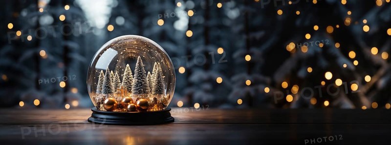 Christmas snow globe with pine trees and cabin on a wood surface banner. generative AI