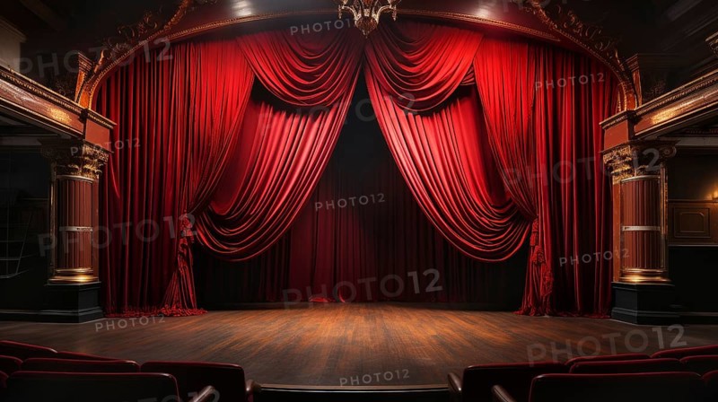 Dramatically lit lustrous red velvet theatre curtains and wooden stage floor. generative AI
