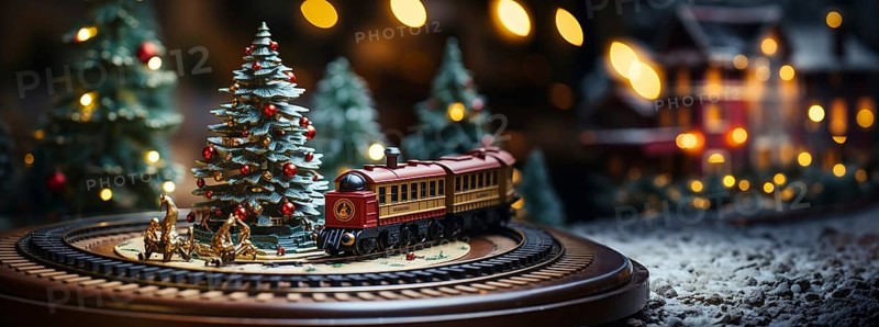 Model miniature troller train set and snowy christmas decorated town setting. generative AI
