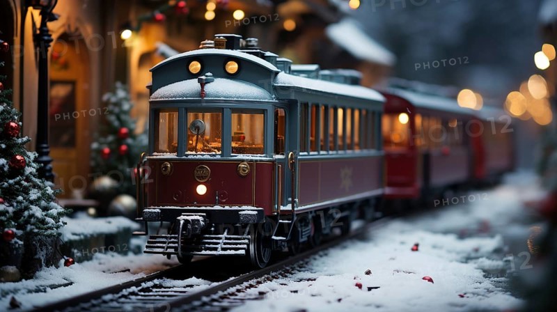 Model miniature troller train set and snowy christmas decorated town setting. generative AI