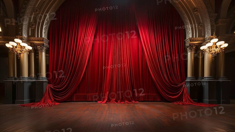 Dramatically lit lustrous red velvet theatre curtains and wooden stage floor. generative AI