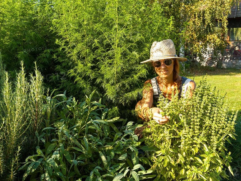 Woman in herb bed