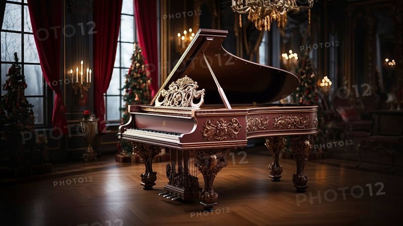 Classic ornate grand piano in A christmas decorated music room. generative AI