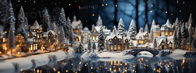 Miniature holiday christmas decorated town and snowy village scene banner. generative AI