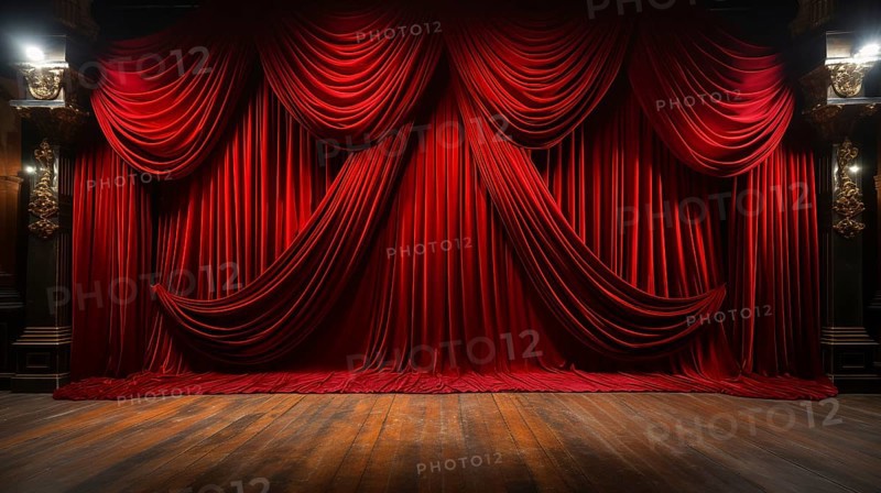 Dramatically lit lustrous red velvet theatre curtains and wooden stage floor. generative AI