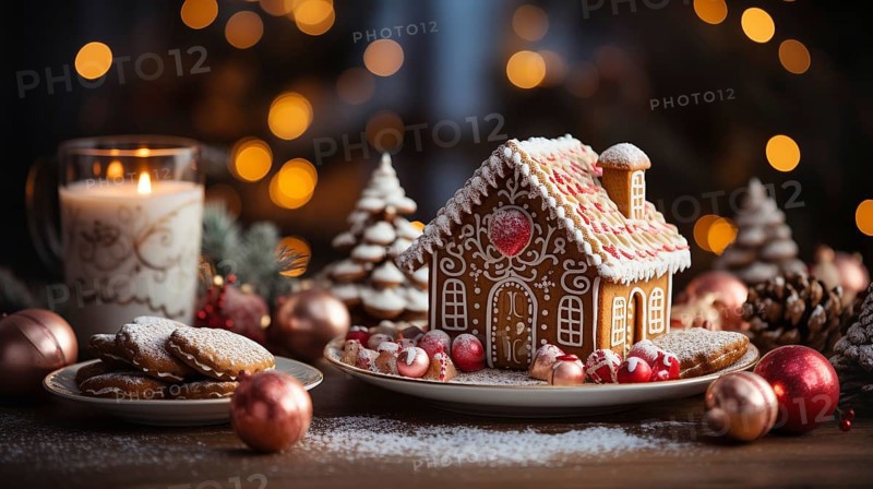 Christmas gingerbread house and treats on a small plate amist the decorations. generative AI