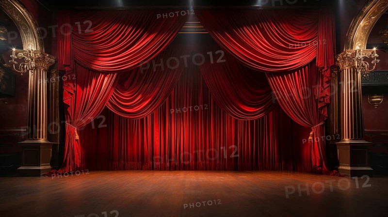 Dramatically lit lustrous red velvet theatre curtains and wooden stage floor. generative AI