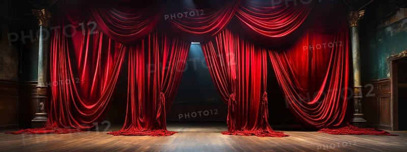 Dramatically lit lustrous red velvet theatre curtains and wooden stage floor. generative AI