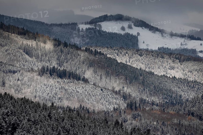 Fresh snow in November with a wonderful view of the Black Forest in a cloudy atmosphere