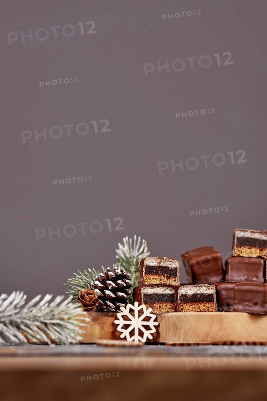 Halved traditional German sweets called 'Dominosteine'. Christmas candy consisting of gingerbread