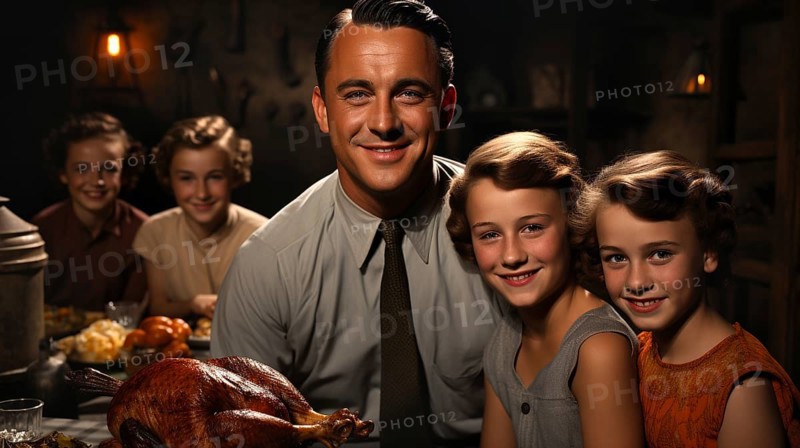 Vintage thanksgiving family portriat at the seasonal dinner table