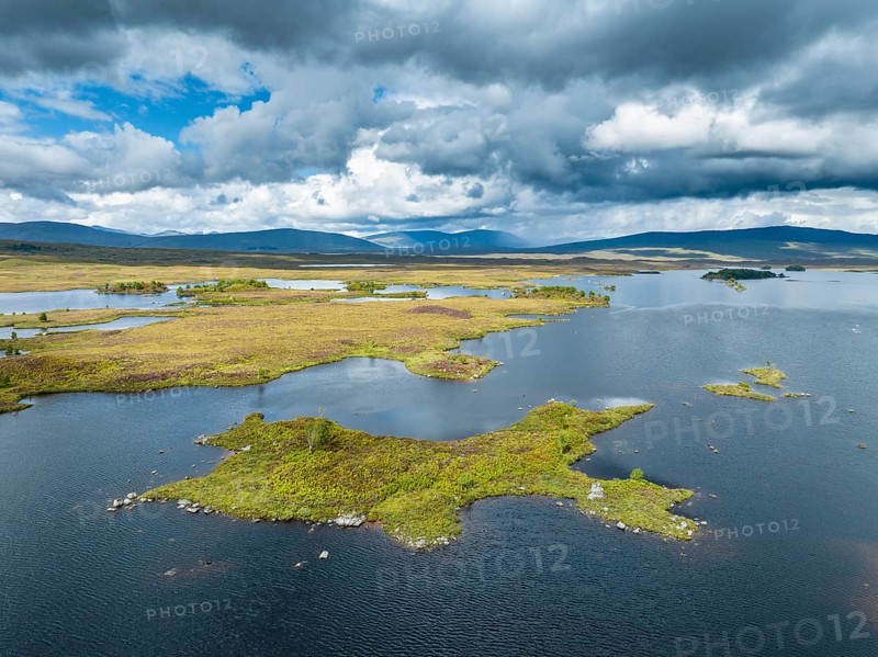 Aerial view of the islands and surrounding peat swamp of Loch Ba