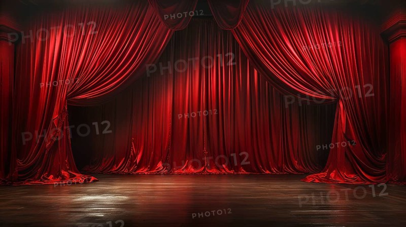 Dramatically lit lustrous red velvet theatre curtains and wooden stage floor. generative AI