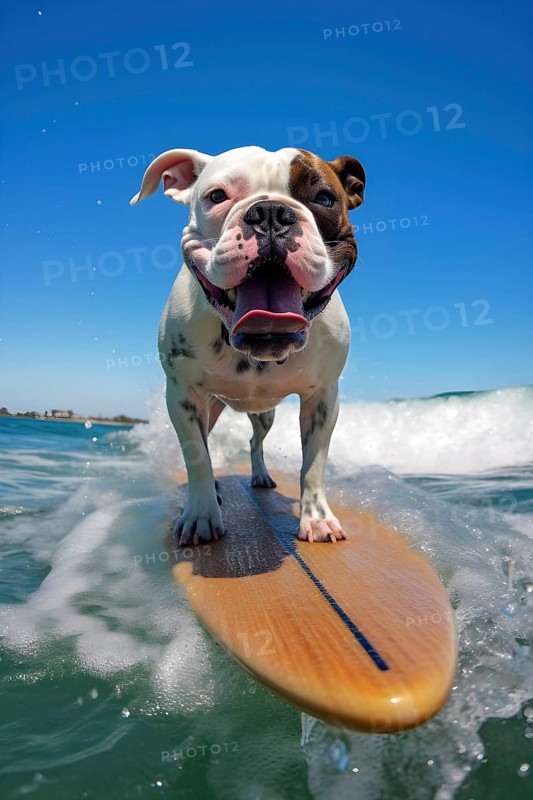 Excited American Bulldog riding a wave on a surfboard on a sunny day with blue sky. AI generated