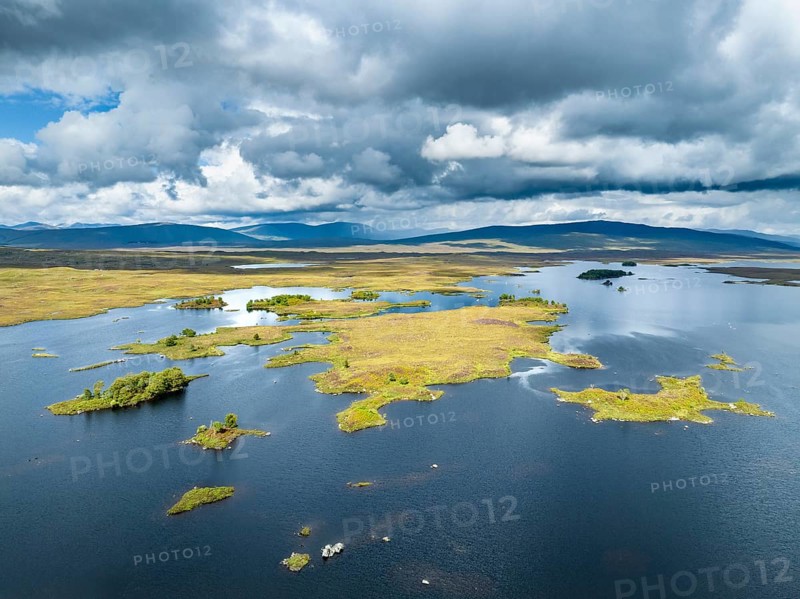Aerial view of the islands and surrounding peat swamp of Loch Ba