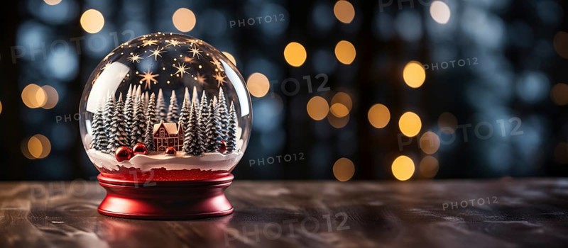 Christmas snow globe with pine trees and cabin on a wood surface banner. generative AI