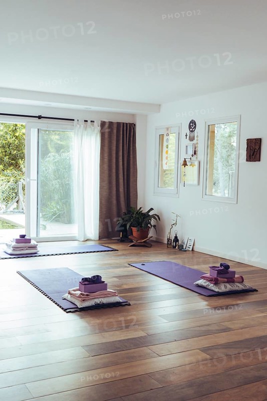 Empty yoga studio interior. Copy space. Vertical shot