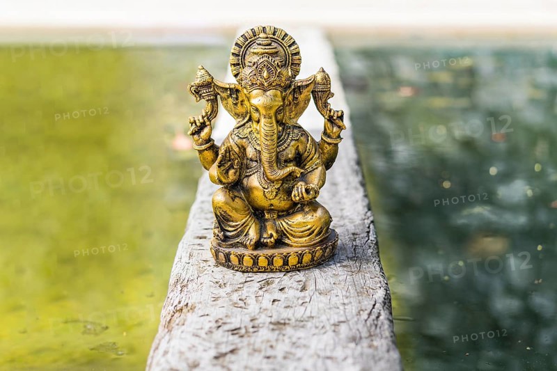 Gold Ganesha statue on a trunk over the water. Copy space
