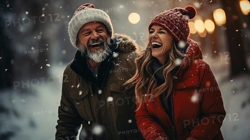 Festive middle-aged couple wearing santa hats laughing together in the snowy evening. generative AI