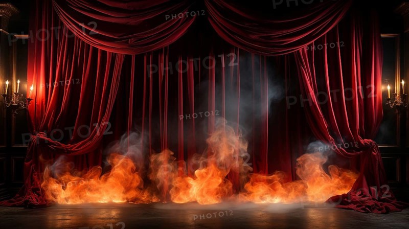Theatre stage with red velvet curtains on fire. generative AI