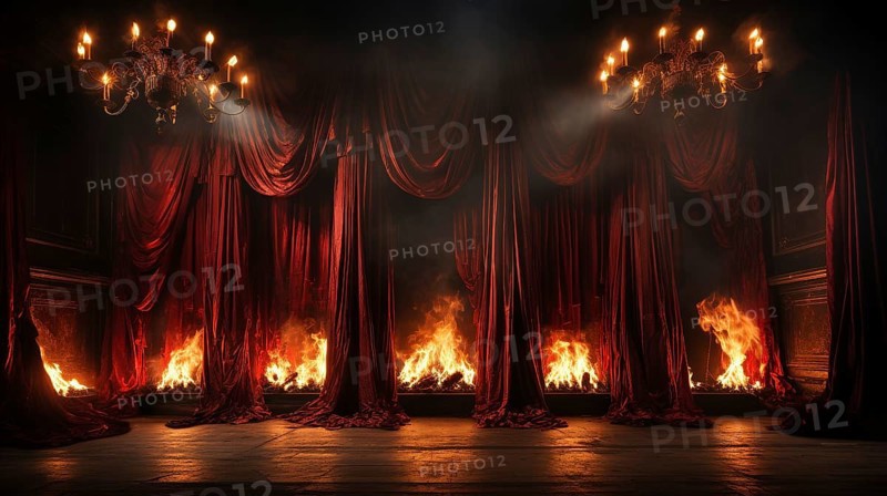 Theatre stage with red velvet curtains on fire. generative AI